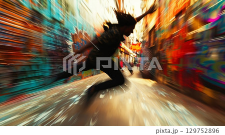 Dynamic motion blur of person running in graffiti alley 129752896