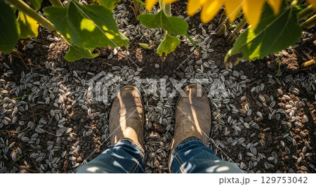 Person Standing Among Scattered Sunflower Seeds in Agricultural Field 129753042