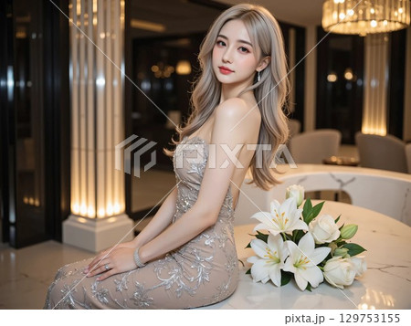 ドレスを着た美しい女性 129753155