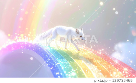 光り輝く虹を渡る白い狐 光り輝く虹を渡る白い狐 129753469