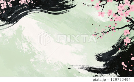 抽象的な墨と桜の和風背景 129753494