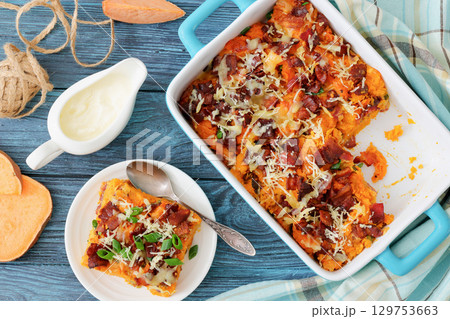 sweet potato casserole with bacon, cheese, onion sweet potato casserole with bacon, cheese, onion 129753663