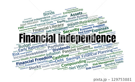 Financial Independence Word Cloud. Key Concepts On Wealth, Savings, Investments, Planning, Freedom, Security, And Long Term Financial Stability. 129753881