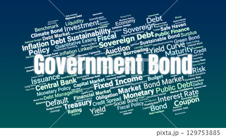 Government Bond Word Cloud. Key Financial And Economic Terms On Sovereign Debt, Fiscal Policy, Monetary Dynamics, Risk, Yield, And Capital Markets. 129753885
