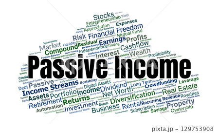Passive Income Word Cloud. Key Concepts On Wealth, Investments, Dividends, Property, Cashflow, Financial Freedom, And Long Term Economic Stability. 129753908