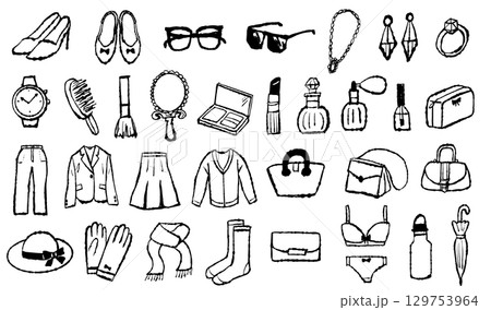 手描きの女性ファッションアイテムのイラストセット 129753964