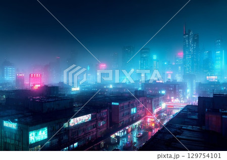 Neon cyberpunk cityscape with overpass and glowing lights. Night scene with wet asphalt and moody colors. 129754101