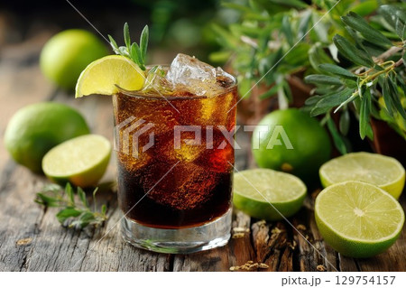 Chilled lime drink with orange garnish. Perfect for tropical summer cocktails, this icy glass offers fresh citrus taste. Suitable for bar or vacation vibes. 129754157