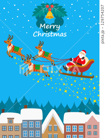 クリスマス素材　雪景色の街中を行くトナカイとサンタクロース　キラキラ 129754207