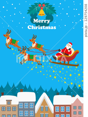 クリスマス素材　雪景色の街中を行くトナカイとサンタクロース　キラキラ 129754208