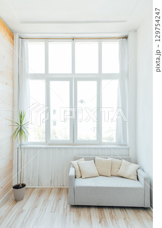 Interior of an empty room with a window and a sofa with a green plant Interior of an empty room with a window and a sofa with a green plant 129754247