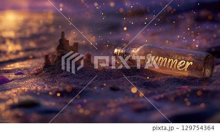 砂浜に刻まれたサマー文字と海辺の幻想的な景色 129754364