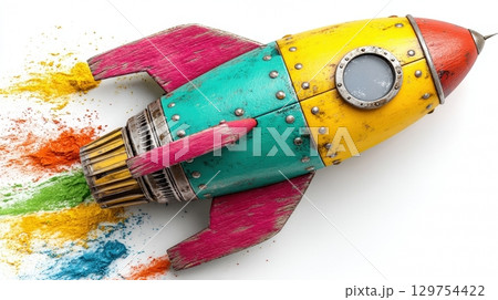 Colorful Retro Rocket with Vibrant Powder Splash on White Background 129754422