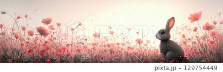 Cute Grey Rabbit Among Vibrant Pink Flowers in a Serene Spring Landscape 129754449