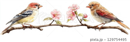 Two Colorful Birds Perched on a Branch Surrounded by Delicate Pink Flowers and Foliage 129754495
