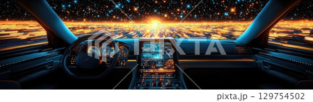 Futuristic Car Interior with Dynamic Dashboard and Cosmic Background at Dawn 129754502