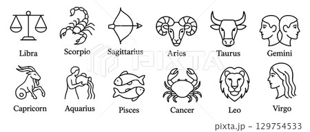 Set of Black outline of zodiac signs - libra scorpio sagittarius aries, taurus, gemini, capricorn, aquarius, pisces, cancer, leo, virgo. astrology, horoscope. black icons on white background Set of Black outline of zodiac signs - libra scorpio sagittarius aries, taurus, gemini, capricorn, aquarius, pisces, cancer, leo, virgo. astrology, horoscope. black icons on white background 129754533