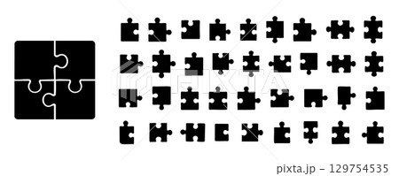 Black puzzle pieces and set arrangement, illustration. concept of problem solving, brain teaser, jigsaw, game, logic, icon, isolated design creativity, white background Black puzzle pieces and set arrangement, illustration. concept of problem solving, brain teaser, jigsaw, game, logic, icon, isolated design creativity, white background 129754535