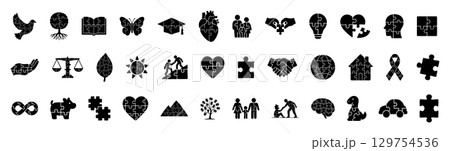 Black silhouette puzzle set with diverse icons, including peace dove, handshake, butterfly, family and other, isolated on white background. concept of unity, education, peace, cooperation, puzzle. 129754536