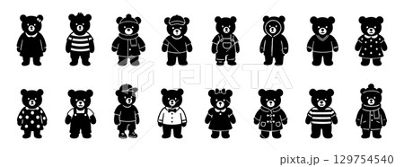 Set of different toy bears, black silhouettes isolated on white background. concept of cute stuffed animal collection, playful designs, icons, logos, kids toys. Set of different toy bears, black silhouettes isolated on white background. concept of cute stuffed animal collection, playful designs, icons, logos, kids toys. 129754540