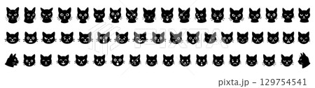 Set of black silhouette cat faces with various emotions isolated on white background. Concept of pet icon, feline expression, cute kitty face collection, animal expressions, cartoon design elements. 129754541