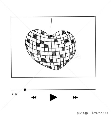 Disco ball heart shape cover play list, player interface hand drawn doodle illustration. Love music, romantic simple icon.  129754543