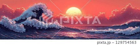 Vibrant Sunset over Ocean Waves with Dramatic Sky and Foamy Cresting Waves at Dusk 129754563