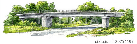 Scenic bridge over a tranquil road surrounded by lush greenery and vibrant nature in a rural setting 129754595
