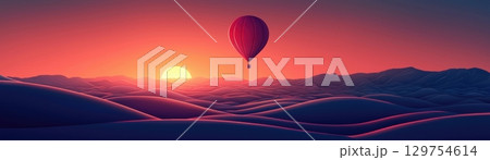Hot Air Balloon Soaring Over Serene Landscape at Dusk with Vibrant Colors and Soft Shadows 129754614