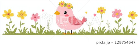 Cute Pink Bird with Floral Crown Surrounded by Colorful Flowers and Green Grass Landscape 129754647