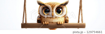 Cute Cartoon Owl on Swing with Big Eyes and Feathered Texture for Children and Nature Themes Cute Cartoon Owl on Swing with Big Eyes and Feathered Texture for Children and Nature Themes 129754661