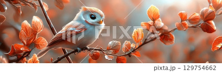 Charming small bird perched on a branch surrounded by vibrant autumn leaves and soft lighting 129754662
