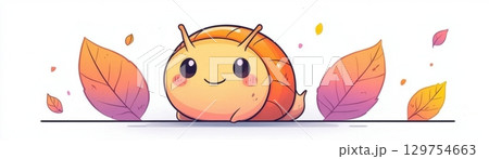 Cute cartoon snail character surrounded by colorful autumn leaves on a white background Cute cartoon snail character surrounded by colorful autumn leaves on a white background 129754663