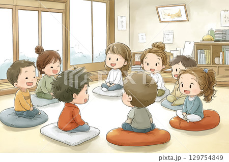 子どもたちが旅館で布団に座って談笑する修学旅行・宿泊学習のイラスト素材 [129754849] - PIXTA
