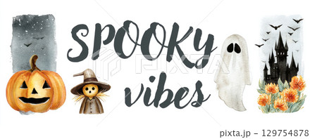 Spooky vibes with Halloween elements like jack o lantern, ghost, scarecrow, and haunted castle in festive design Spooky vibes with Halloween elements like jack o lantern, ghost, scarecrow, and haunted castle in festive design 129754878