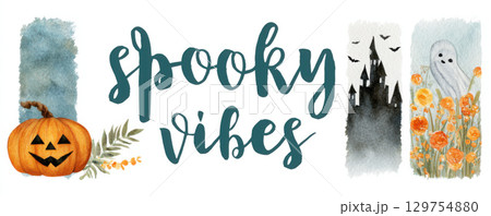 Spooky vibes with Halloween pumpkin, haunted castle, ghost, and autumn flowers in festive design 129754880