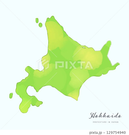 水彩で描いた、北海道の地図。日本の47都道府県の地図シリーズ 129754940