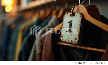 Vintage Metal Coat Check Tag on Hanger with Blurred Coats, Back-to-School Symbolism Vintage Metal Coat Check Tag on Hanger with Blurred Coats, Back-to-School Symbolism 129754974