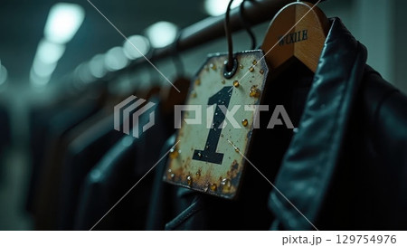 Old Worn-Out Coat Tag with Raindrops, Moody School Nostalgia 129754976