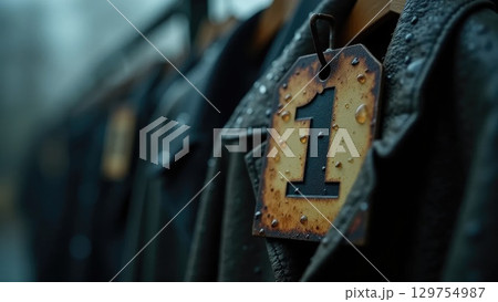 Old Worn-Out Coat Tag with Raindrops, Moody School Nostalgia Old Worn-Out Coat Tag with Raindrops, Moody School Nostalgia 129754987
