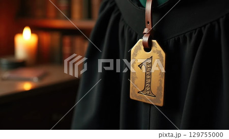 Antique Brass Coat Tag on Leather Strap, Dark Academic Mood 129755000