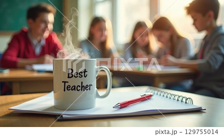 Teacher's Mug and Planner Overhead During Busy School Break 129755014