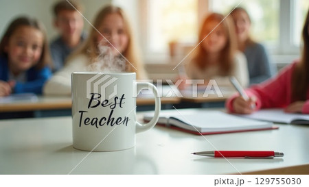 Teacher's Mug and Planner Overhead During Busy School Break Teacher's Mug and Planner Overhead During Busy School Break 129755030