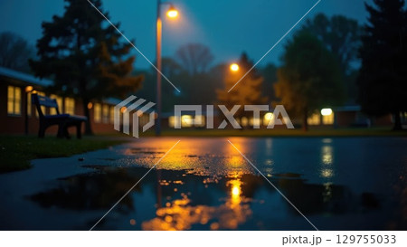 Night Rain Schoolyard with Lamp Reflections in Puddles and Lonely Bench 129755033