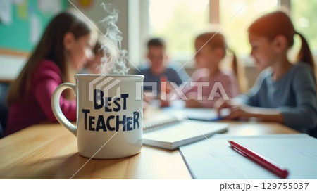 Teacher's Mug and Planner Overhead During Busy School Break 129755037