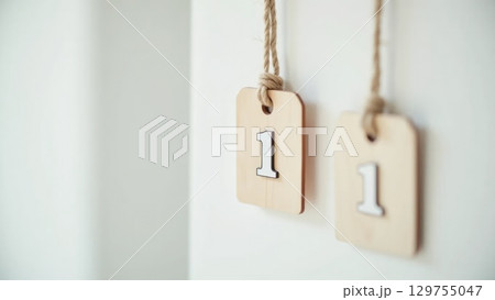 Minimalist Wooden Coat Tag on Rope, Clean Scandinavian Style 129755047