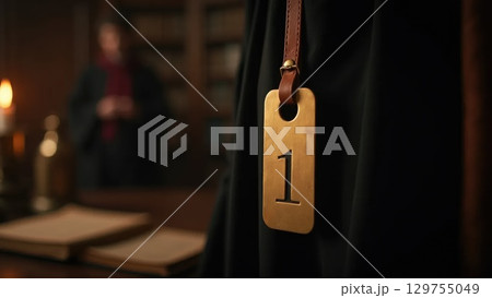 Antique Brass Coat Tag on Leather Strap, Dark Academic Mood 129755049