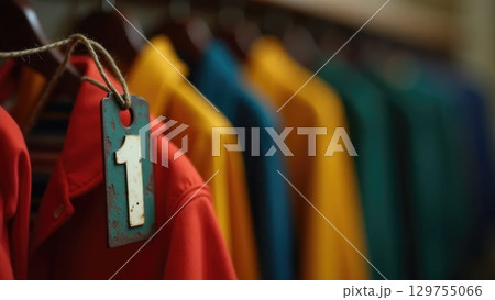 Vintage Soviet Coat Check Tag on Wooden Hanger - School Memories Macro Shot Vintage Soviet Coat Check Tag on Wooden Hanger - School Memories Macro Shot 129755066