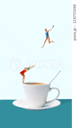 Contemporary collage. Two women divers in swimsuits jumping into coffee cup with spoon on blue background. Contemporary collage. Two women divers in swimsuits jumping into coffee cup with spoon on blue background. 129755098