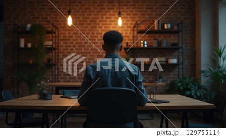Person working in industrial loft office, back view Person working in industrial loft office, back view 129755114